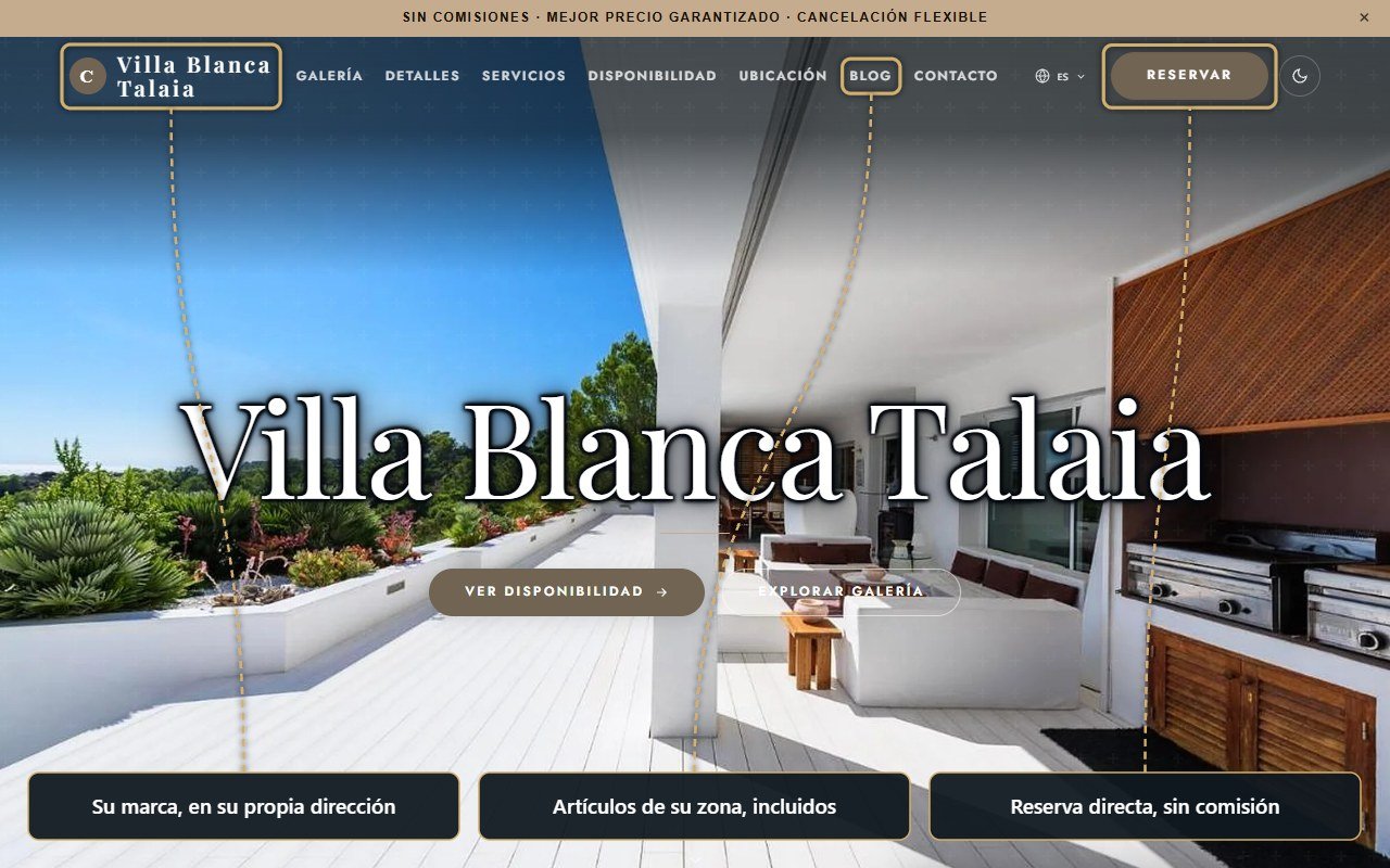 Captura anotada de otra web de ejemplo creada con Bellevila, con las partes senaladas.