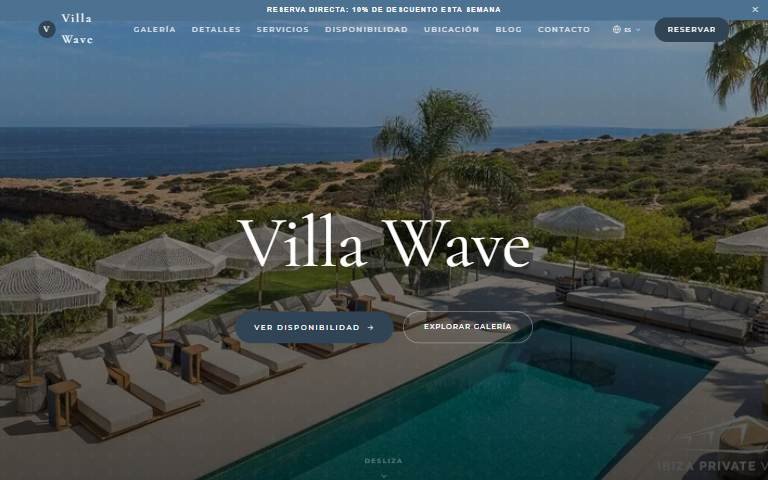 Captura de la web de reserva directa de Villa Wave, una web de ejemplo creada con Bellevila.